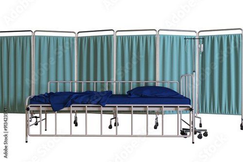 Hospital bed with blue mattress, adjustable height, monitor, stand, wheels and IV. 3D rendering image. photo