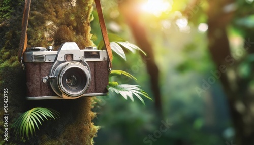 An old vintage camera on a tripod in the forest with a classic retro lens photo