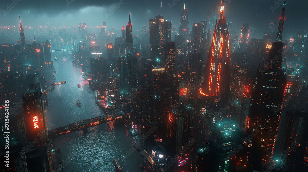 Fototapeta premium Neon-lit cityscape with towering skyscrapers, flying vehicles, and a vibrant, high-tech atmosphere.