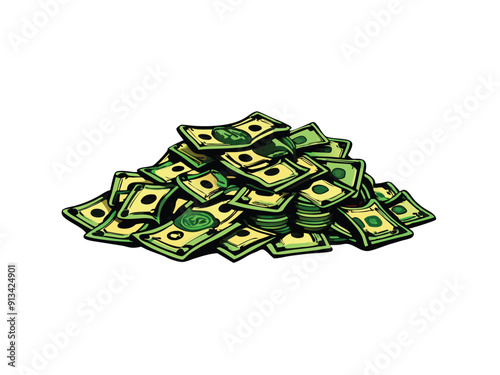 A pile of green and yellow money bills in a cartoon style.