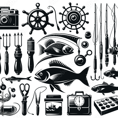 fishing equipment elements Set shiloutte 
