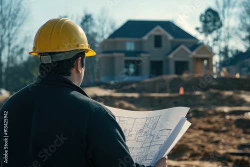 Construction Worker with Blueprints at Site 