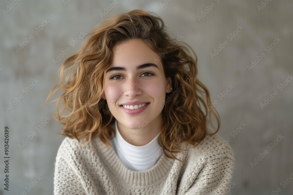 Interior portrait of a young female student, dressed in casual clothes in pastel colors, smiling and looking at the camera. Interior portrait of a young female student, dressed in casual clothes in pastel colors, smiling and looking at the camera.