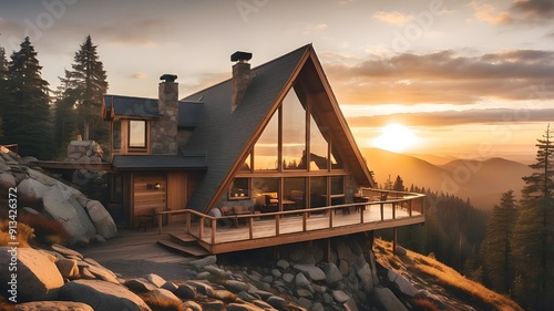 A charming A-frame mountain cabin perched on a rocky hillside, overlooking a vast valley filled with evergreen forests. The cabin has large windows and a wooden deck, offering panoramic views of the s photo