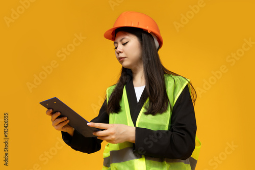 A girl of Asian appearance in the form of a construction manager. photo