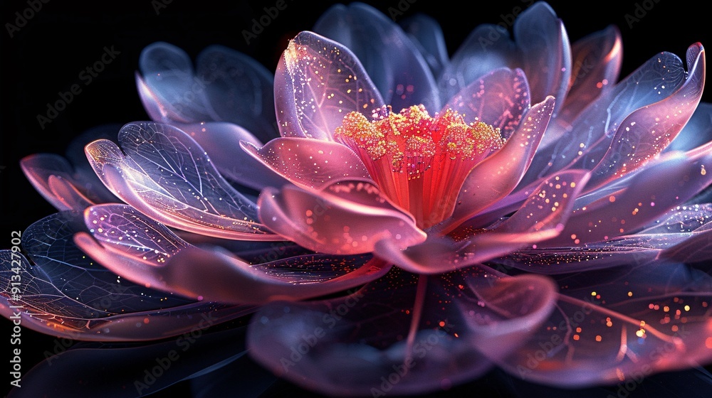 glassmorphic flower with sparkling petals in shades of pink and purple glassmorphic flower with sparkling petals in shades of pink and purple