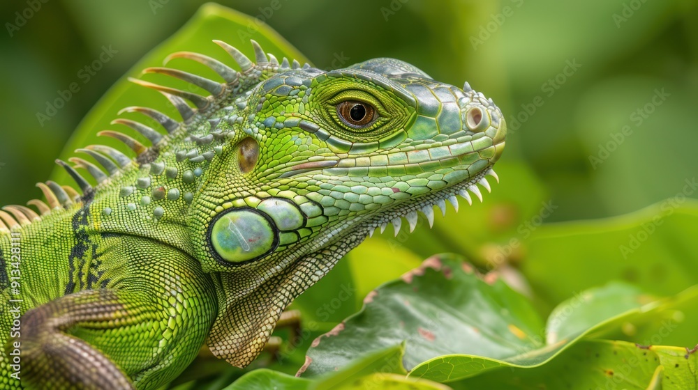 Close-up of a Green Iguana with Spiky Crest and Sharp Teeth Close-up of a Green Iguana with Spiky Crest and Sharp Teeth