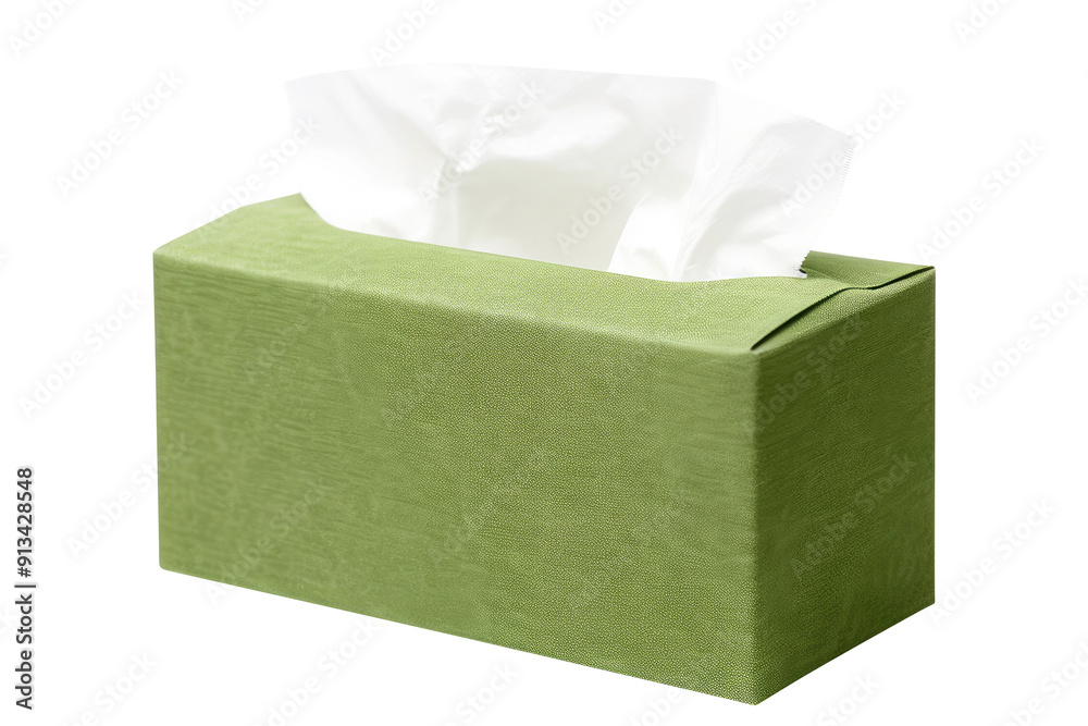 A green tissue box with white tissue paper isolated on transparent white background, clipping path A green tissue box with white tissue paper isolated on transparent white background, clipping path