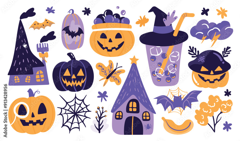 Set of isolated Halloween decoration elements in cute doodle hand-drawn graphic illustration style on transparent background, Volume 10: Vibrant purple, orange and black color tone. Set of isolated Halloween decoration elements in cute doodle hand-drawn graphic illustration style on transparent background, Volume 10: Vibrant purple, orange and black color tone.