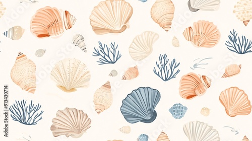 A seamless design featuring cute seashell patterns in a minimalist style. The seashells are depicted in soft, soothing colors, creating a tranquil and charming marine theme. The design includes