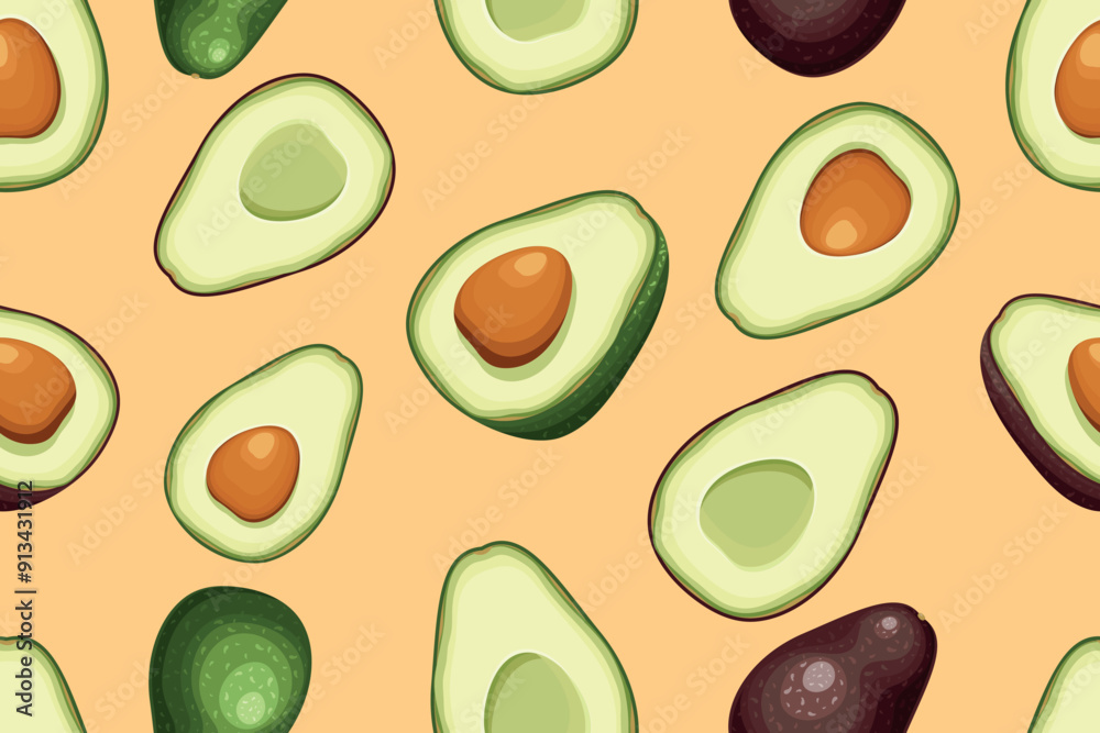Seamless pattern with avocado. Whole and halves. Vector illustration. Seamless pattern with avocado. Whole and halves. Vector illustration.