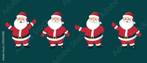 Set of cute funny Santa Claus in different poses, emotions. Merry Christmas and happy new year greeting poster. Vector illustration.