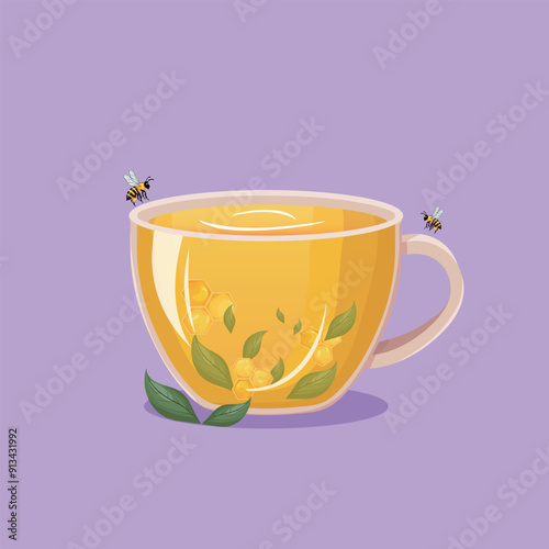 Glass cup of green tea and honey. Tea leaves, honey and bees. Vector illustration