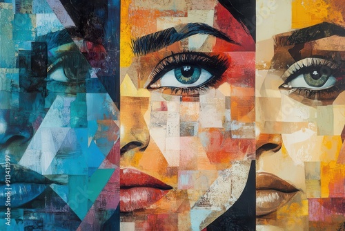 abstract portrait collage merging diverse female faces cubistinspired composition with bold colors and geometric shapes celebrates beauty in diversity photo