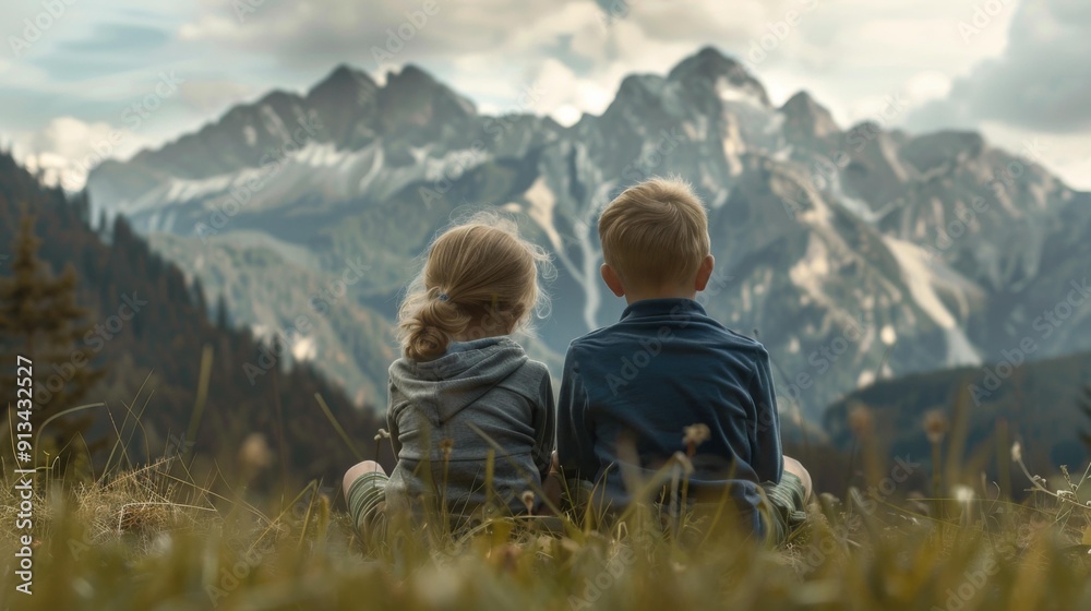 Fototapeta premium Two children sit on a hilltop overlooking a mountain range. AI.