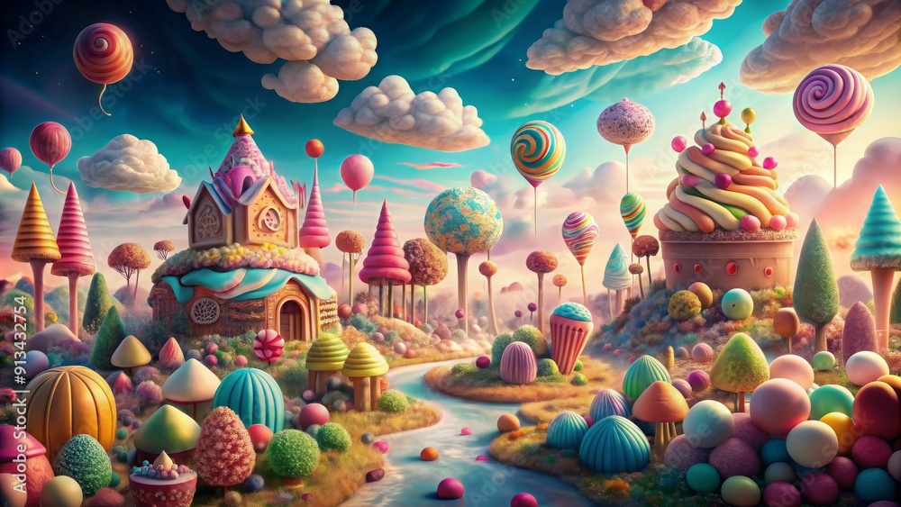 Surreal abstract landscape with a fairy-tale world of sweets , candy, dreamy, whimsical, vibrant, colorful, fantasy Surreal abstract landscape with a fairy-tale world of sweets , candy, dreamy, whimsical, vibrant, colorful, fantasy