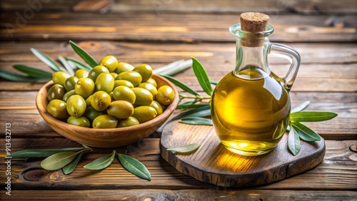 Close-up of green olives and a bottle of olive oil on a wooden table, healthy, Mediterranean, cooking, fresh, organic