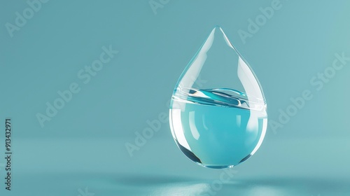 A teardrop-shaped glass object filled with water, suspended in mid-air against a light blue background.