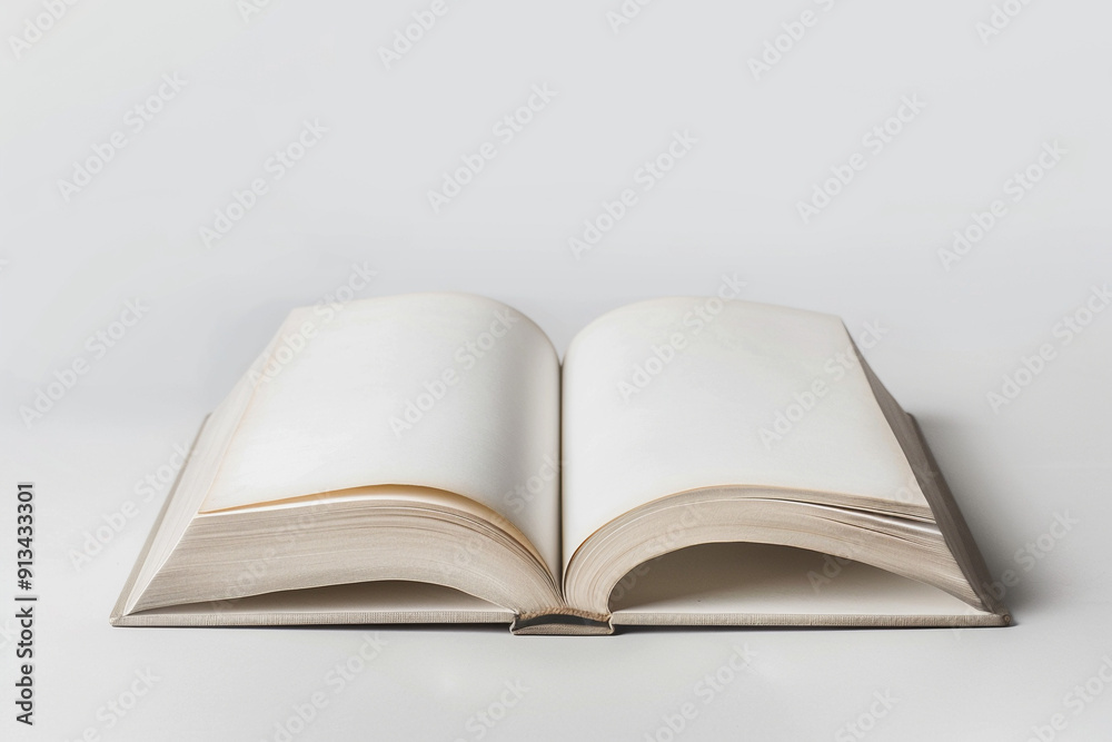 A classic hardcover book open to blank pages, centered against a white background. A classic hardcover book open to blank pages, centered against a white background.