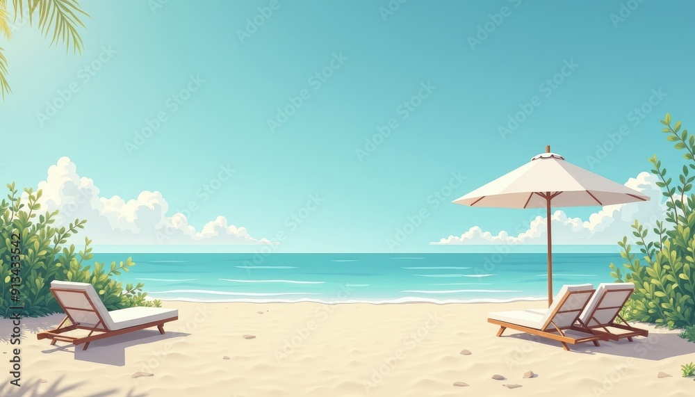 Fototapeta premium Relaxing Beach Scene with Loungers and Umbrella.