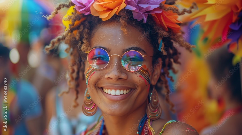 Woman with Rainbow Accessories at Pride. Smiling woman wearing rainbow-themed accessories and colorful glasses enjoys the vibrant atmosphere of a Pride celebration. Woman with Rainbow Accessories at Pride. Smiling woman wearing rainbow-themed accessories and colorful glasses enjoys the vibrant atmosphere of a Pride celebration.