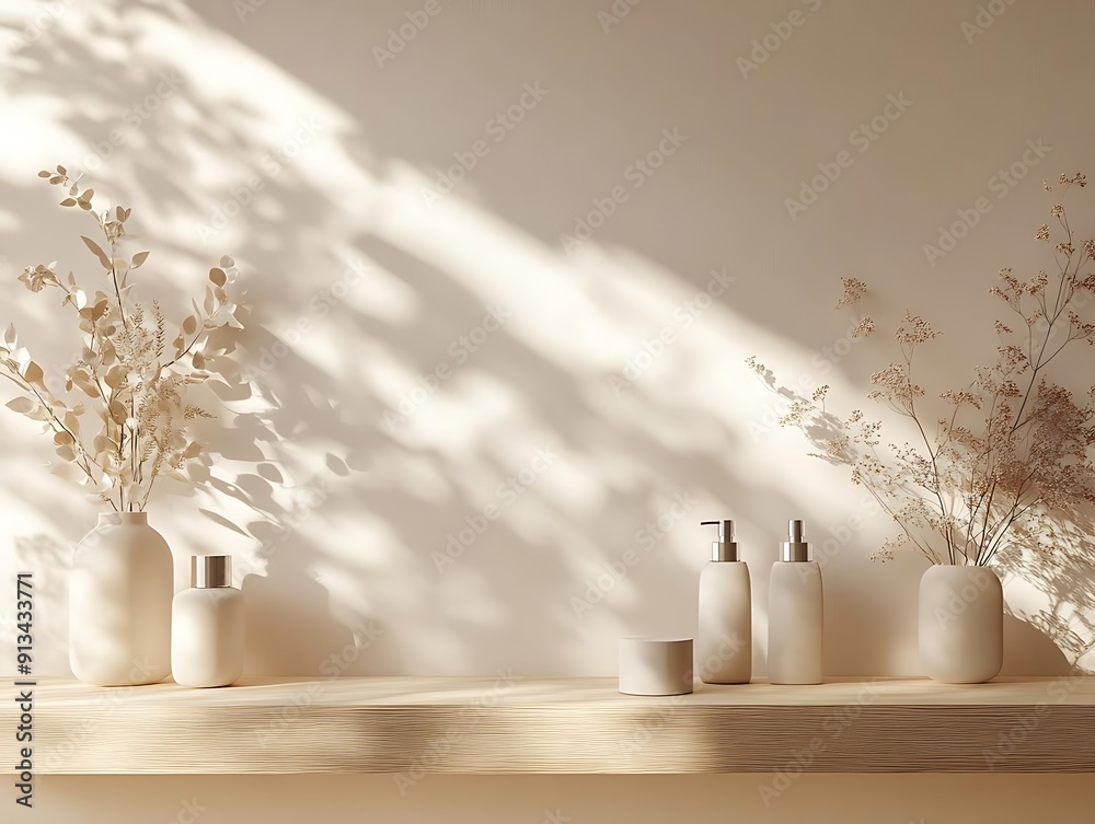 Minimalist Bathroom Shelf with Dried Flowers and Bottles - 3D Illustration Minimalist Bathroom Shelf with Dried Flowers and Bottles - 3D Illustration