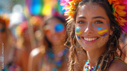 Woman with Face Paint at Pride Festival. Woman with colorful face paint smiles joyfully at a Pride festival, surrounded by a lively and festive crowd.