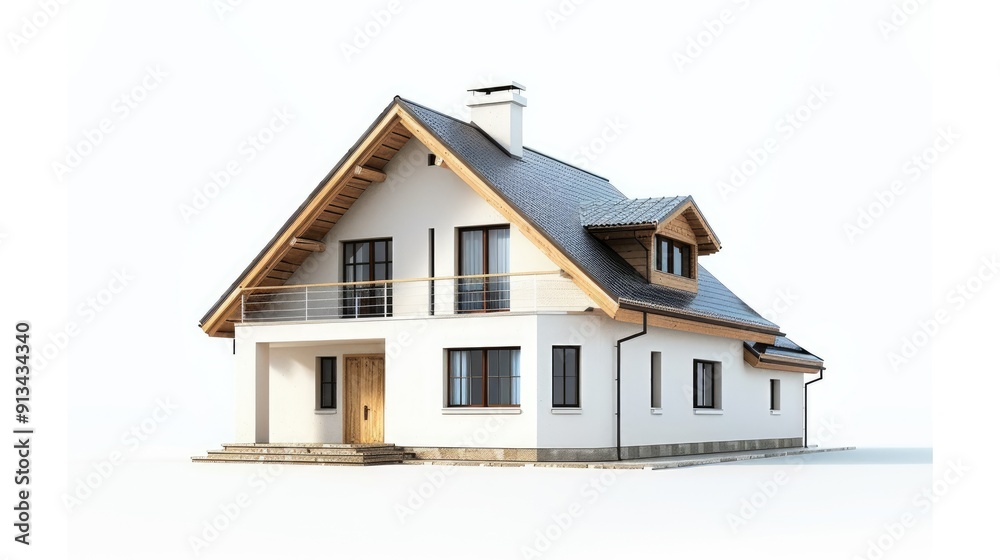 Modern Two-Story House with Wooden Accents and Large Windows on a Clear Day Modern Two-Story House with Wooden Accents and Large Windows on a Clear Day