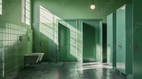 Green Bathroom with Tile Walls and Doors