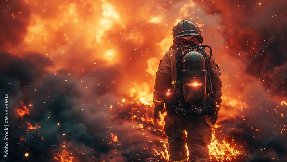 Firefighter Entering Inferno with Protective Gear. Firefighter in full protective gear enters an inferno, demonstrating the peril and dedication involved in firefighting. Firefighter Entering Inferno with Protective Gear. Firefighter in full protective gear enters an inferno, demonstrating the peril and dedication involved in firefighting.