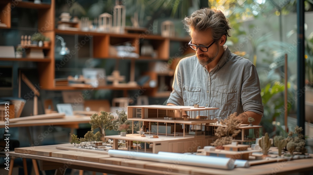 Architect in Studio Designing Building Model. Architect works on a building model in a studio, surrounded by design tools and materials, reflecting dedication and skill. Architect in Studio Designing Building Model. Architect works on a building model in a studio, surrounded by design tools and materials, reflecting dedication and skill.