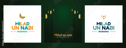 Eid, e, Milad, un-Nabi,wishes or greeting social media feed template three post or banner white and premium design with lantern, moon, typography, Vector illustration