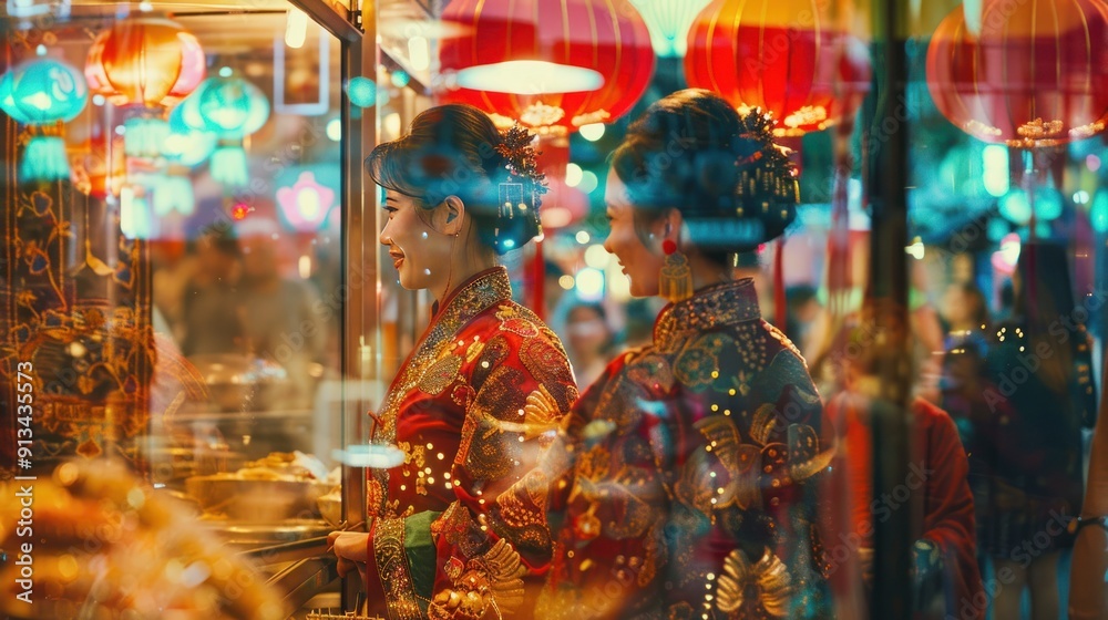 Two Women in Traditional Chinese Clothing Looking at Display Two Women in Traditional Chinese Clothing Looking at Display