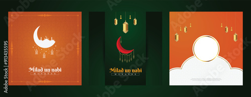 Eid, e, Milad, un-Nabi, wishes or greeting social media feed template three post or banner design with moon, lantern, sale, Vector illustration photo