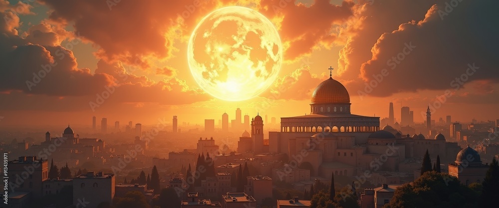Obraz premium Dome of the Rock at Sunset with Golden Sky.