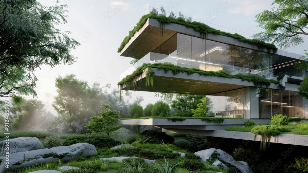Modern Green Roof House in a Lush Forest Modern Green Roof House in a Lush Forest