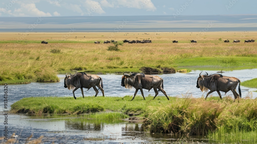 Three Wildebeest Crossing a Shallow River in the African Savanna Three Wildebeest Crossing a Shallow River in the African Savanna