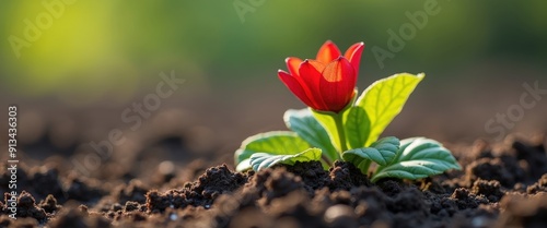 Red Flower Seedling Emerging from Soil.
