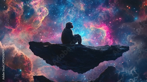 A monkey sits calmly on a floating rock in the middle of the universe surrounded by a sea of stars and cosmic clouds The vibrant hues of the nebulae create a stunning backdrop that highlights the photo