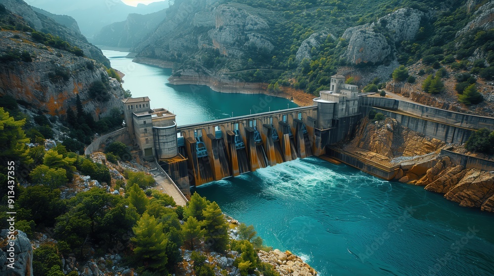 Hydroelectric Dam in Mountainous Region. Hydroelectric dam in a mountainous region with turquoise water, showcasing the infrastructure and natural landscape. Hydroelectric Dam in Mountainous Region. Hydroelectric dam in a mountainous region with turquoise water, showcasing the infrastructure and natural landscape.