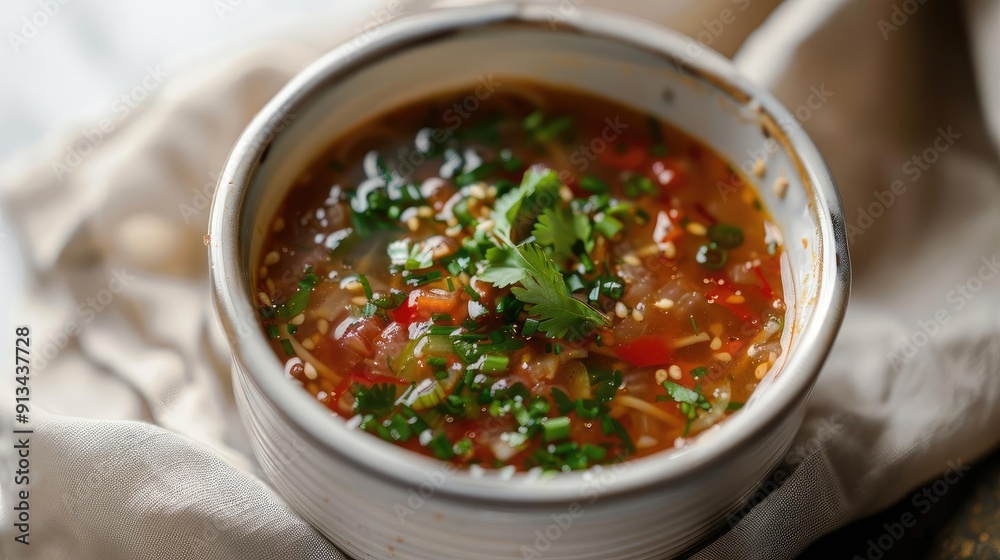 Delicious vegetable soup served in a rustic bowl, garnished with fresh herbs, perfect for a cozy meal or healthy diet. Delicious vegetable soup served in a rustic bowl, garnished with fresh herbs, perfect for a cozy meal or healthy diet.