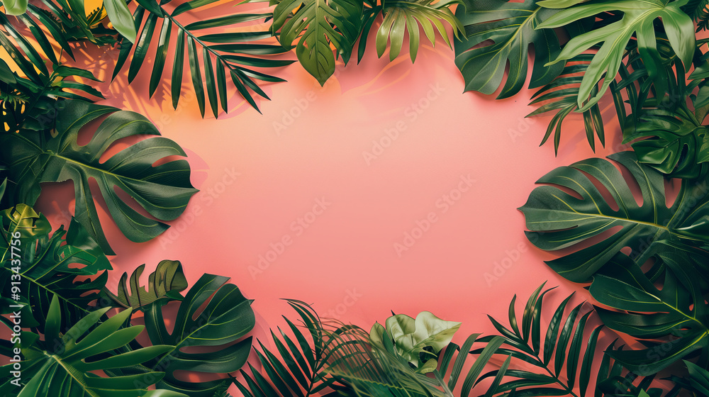 Frame of mixed tropical leaves, copy space in middle, pink color background Frame of mixed tropical leaves, copy space in middle, pink color background