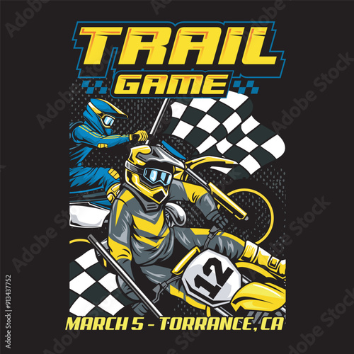 Vector Illustration of Trail Motocycle Rider with Racing Flags in Vintage Illustration Available for Poster