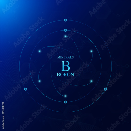 Molecular model atom chemical structure of boron minerals. On dark blue background. Medical scientific concepts. Vector EPS10 illustration.