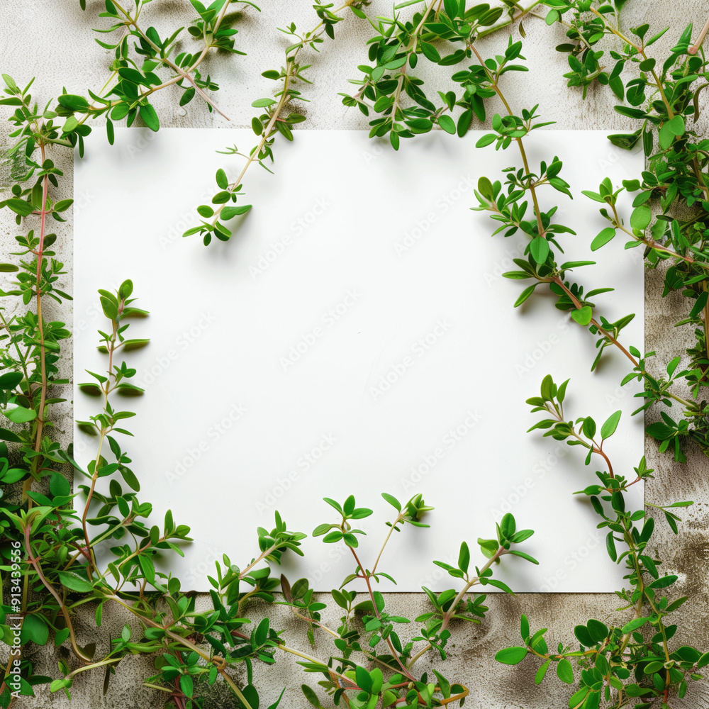Frame of thyme leaves, white metallic board in middle, texture background Frame of thyme leaves, white metallic board in middle, texture background