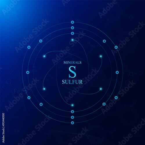 Molecular model atom chemical structure of sulfur minerals. On dark blue background. Medical scientific concepts. Vector EPS10 illustration.