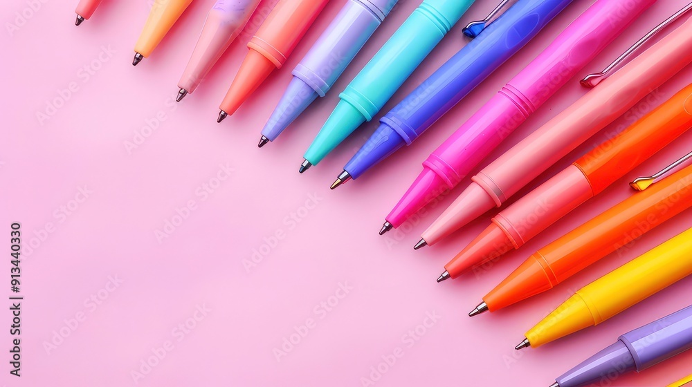 A group of colorful pens, arranged in a diagonal line on a pink background, the tips of the pens are pointing towards the bottom right corner of the image.