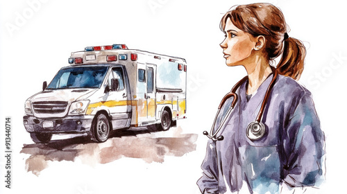 Brown watercolor of a nurse and ambulance rescue emergency patient