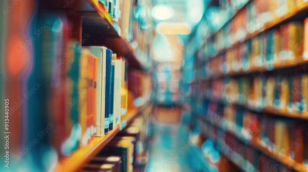 Blurred Bookshelf with Colorful Spines in a Library Blurred Bookshelf with Colorful Spines in a Library