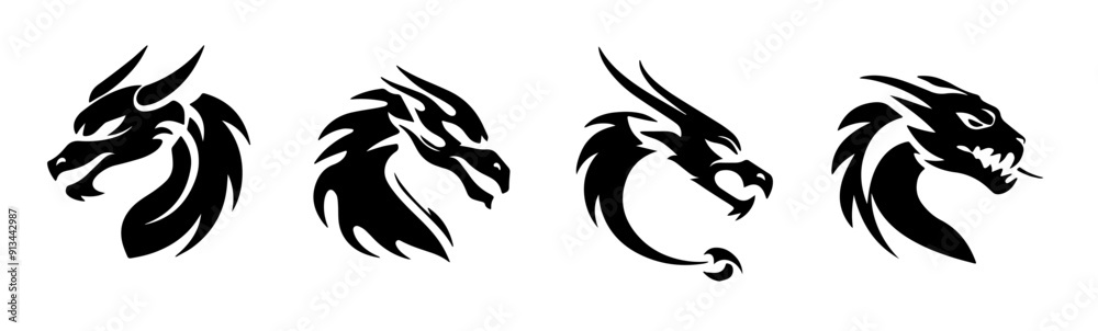 Obraz premium Set of Dragon Heads Tribal Illustration